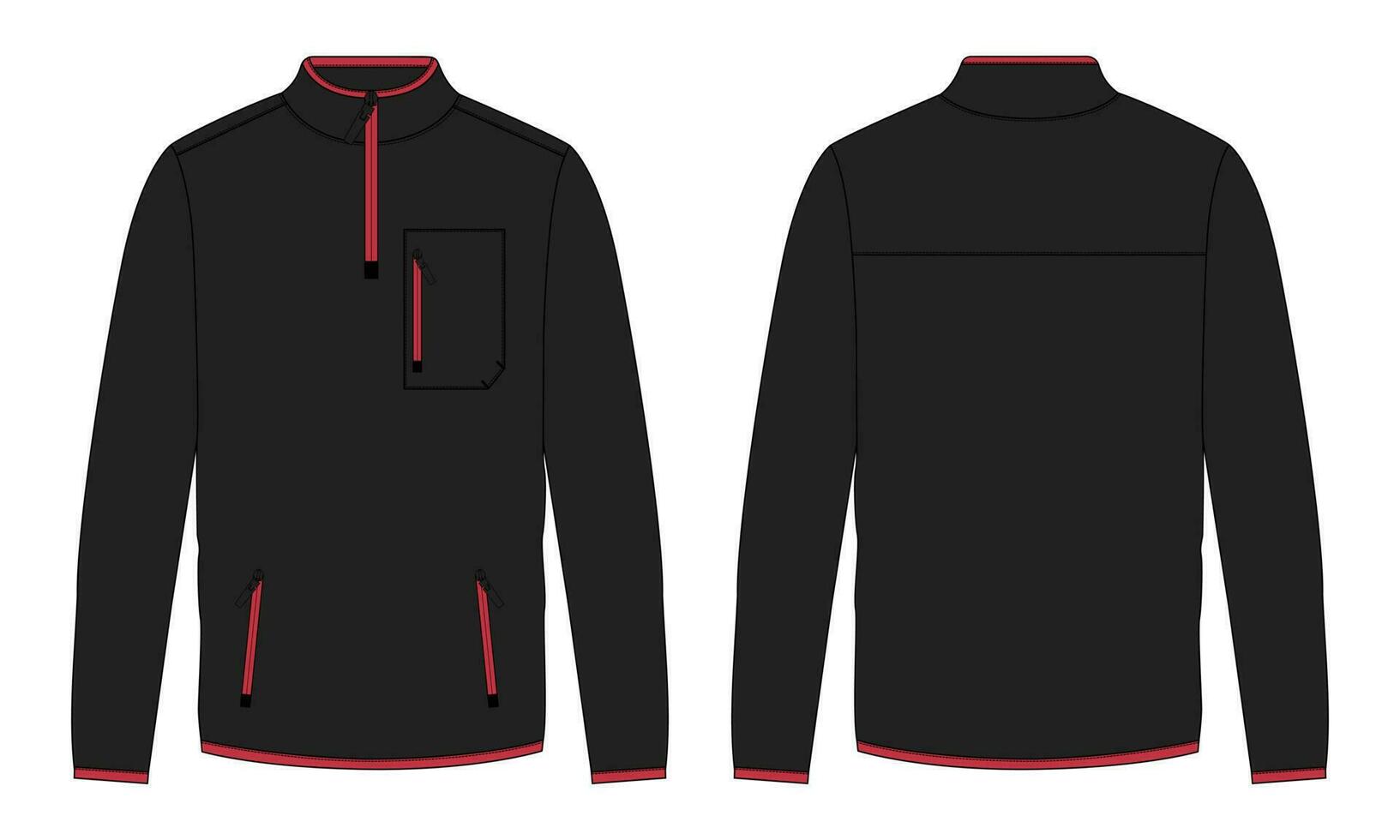 Long sleeve jacket with pocket and zipper vector illustration Black color template front and back views. Fleece jersey sweatshirt jacket for men's and boys.