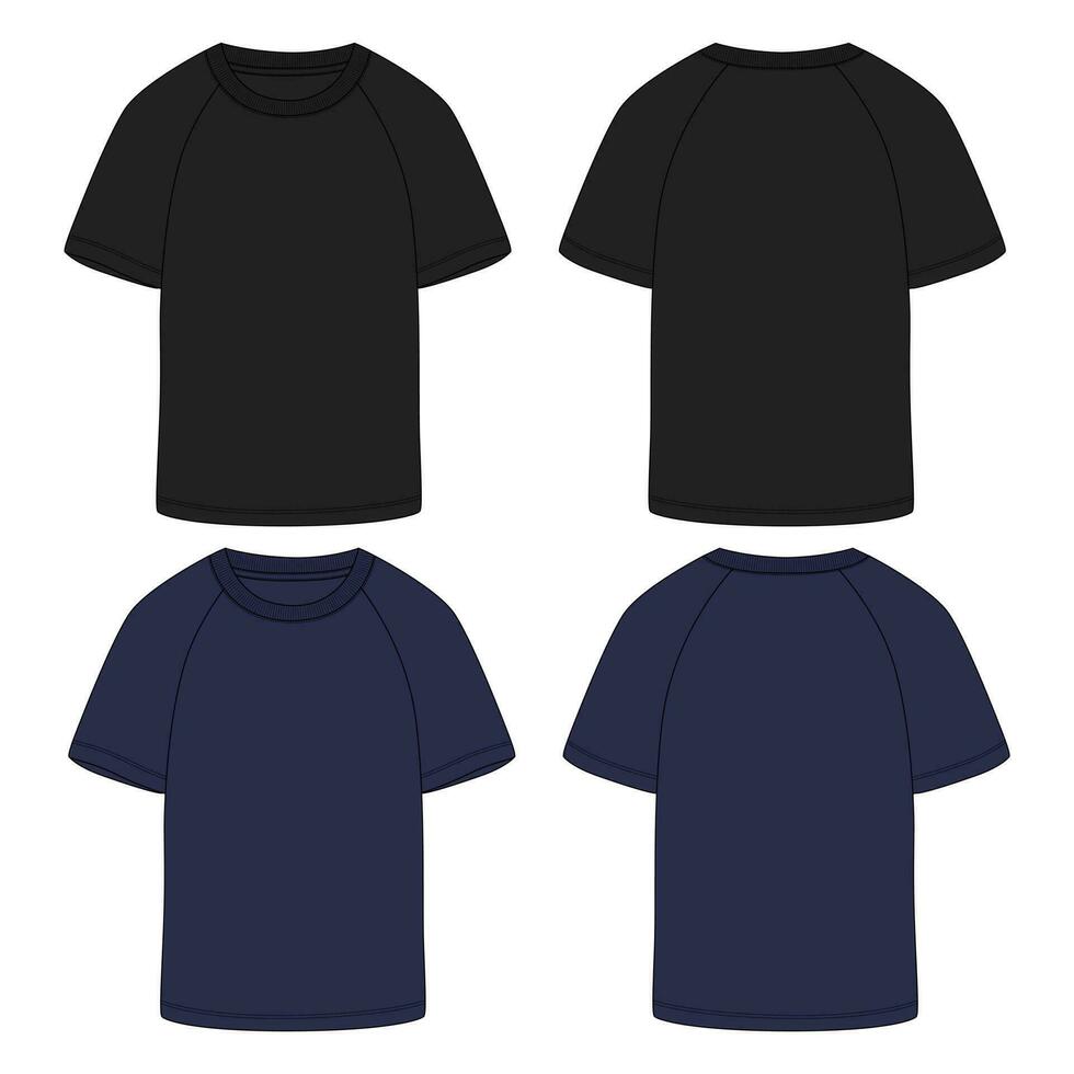 Black and navy color Short sleeve t shirt vector illustration template front and back views isolated on white background