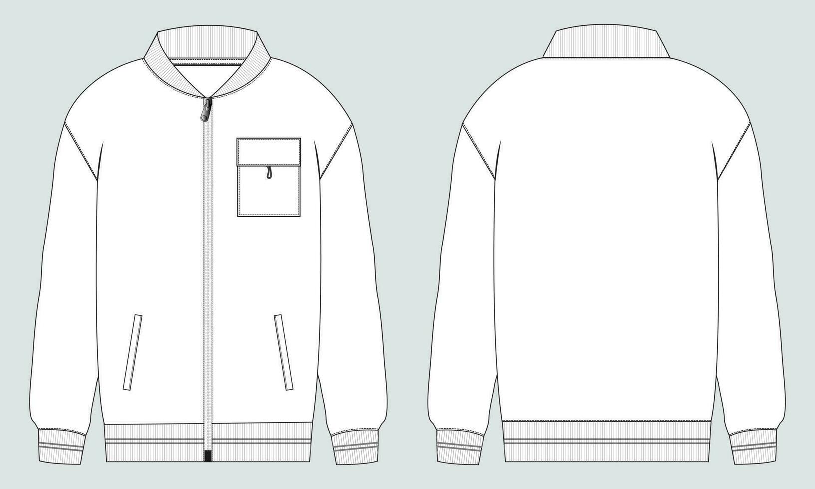 Long sleeve jacket technical drawing fashion flat sketch vector illustration template front and back views