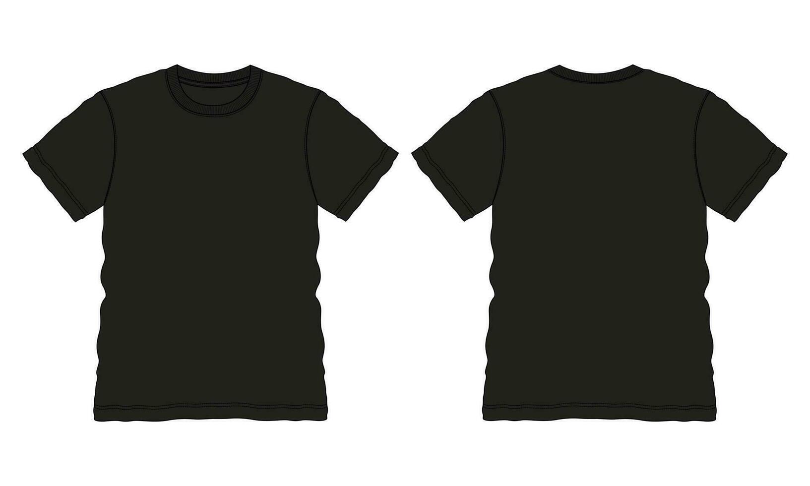 Short sleeve t shirt technical drawing fashion flat sketch vector illustration black Color template front and back views