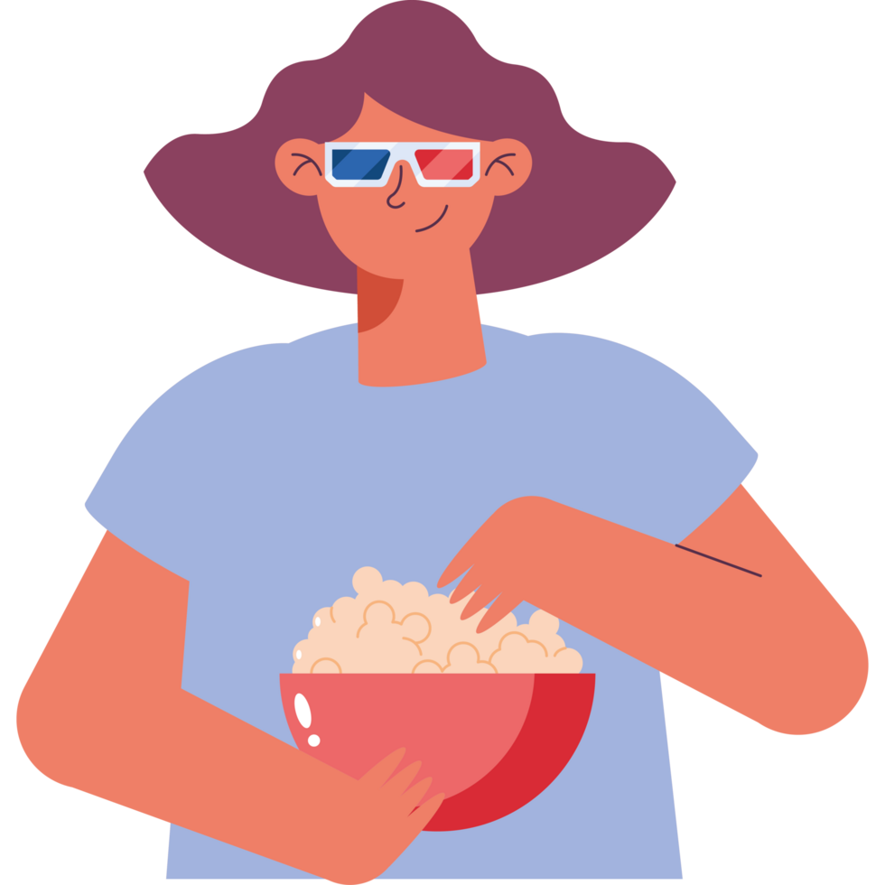 mujer usando gafas 3d comiendo palomitas de maíz png