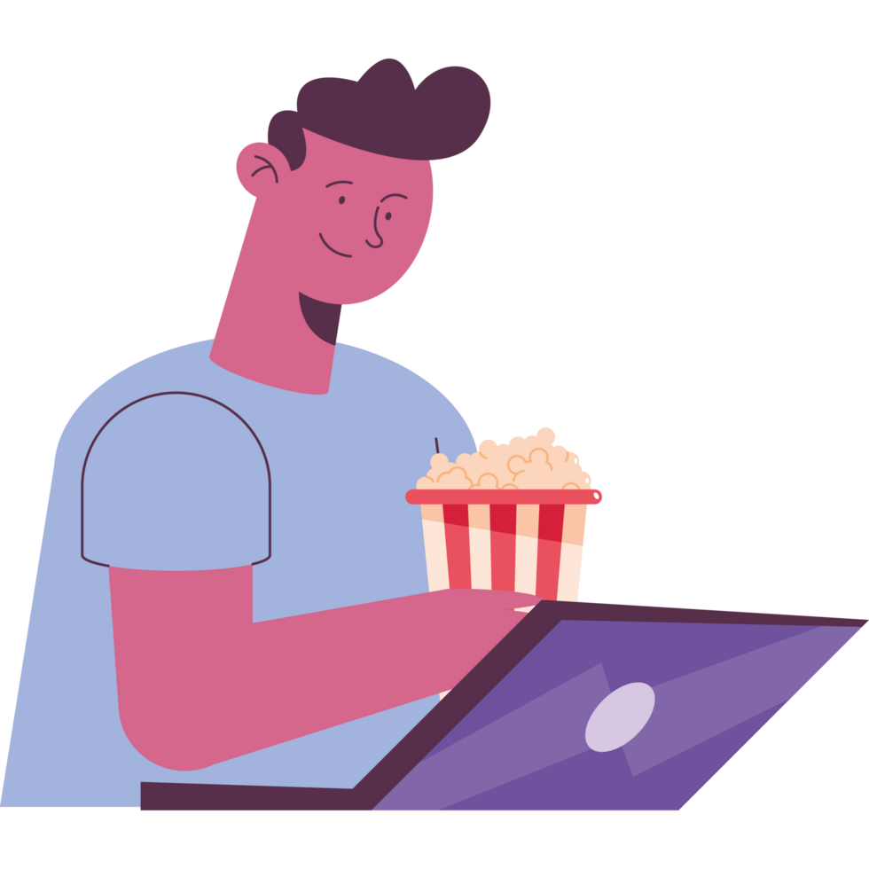 Mann, der Laptop benutzt und Popcorn isst png