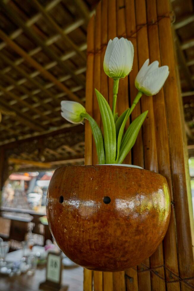 Interior decoration of traditional restaurant Central Java Semarang. The photo is suitable to use for restaurant background and decoration content media.