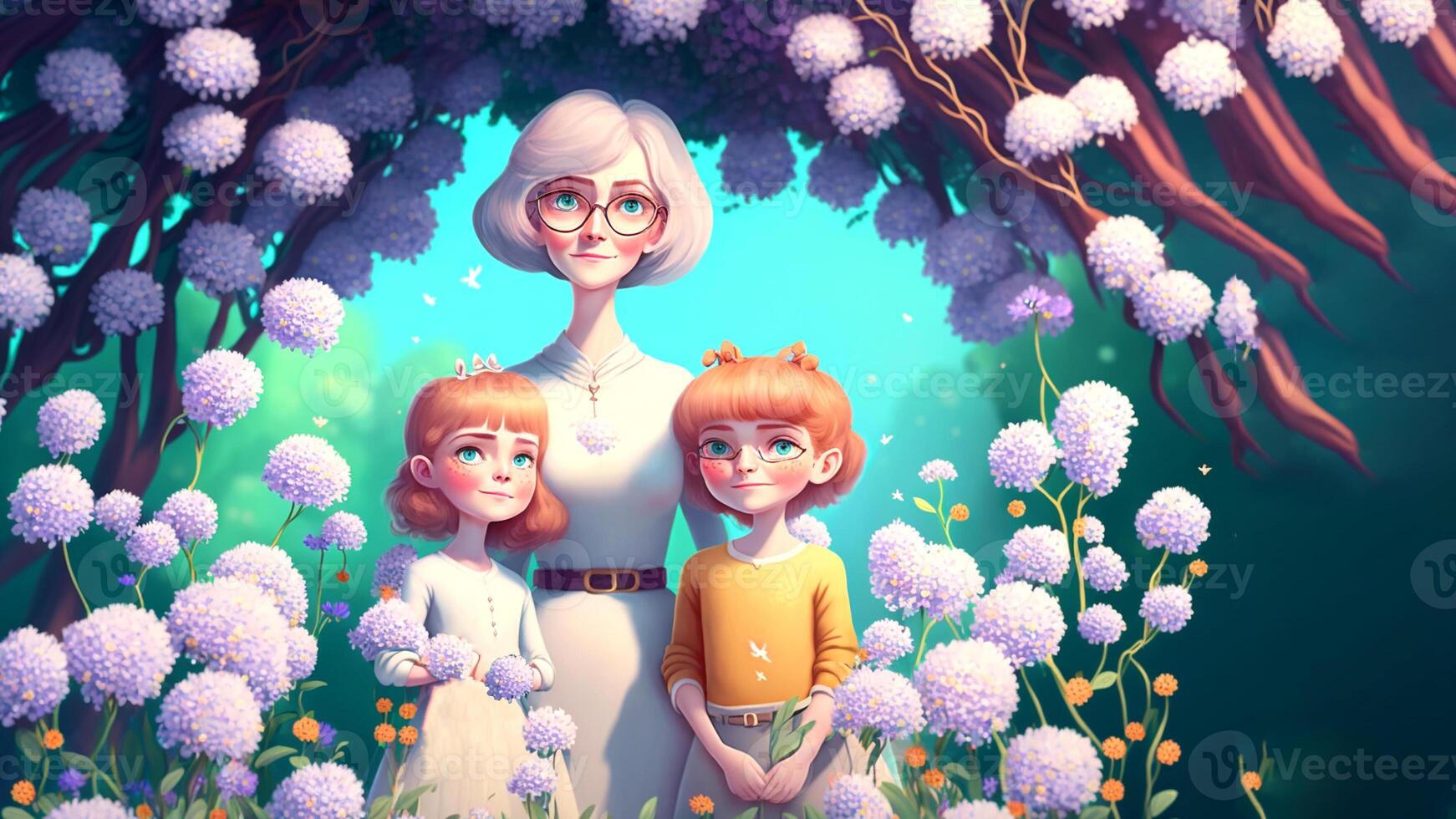 Mother and daughters, beautiful flowers background, Happy Mothers Day Concept . photo