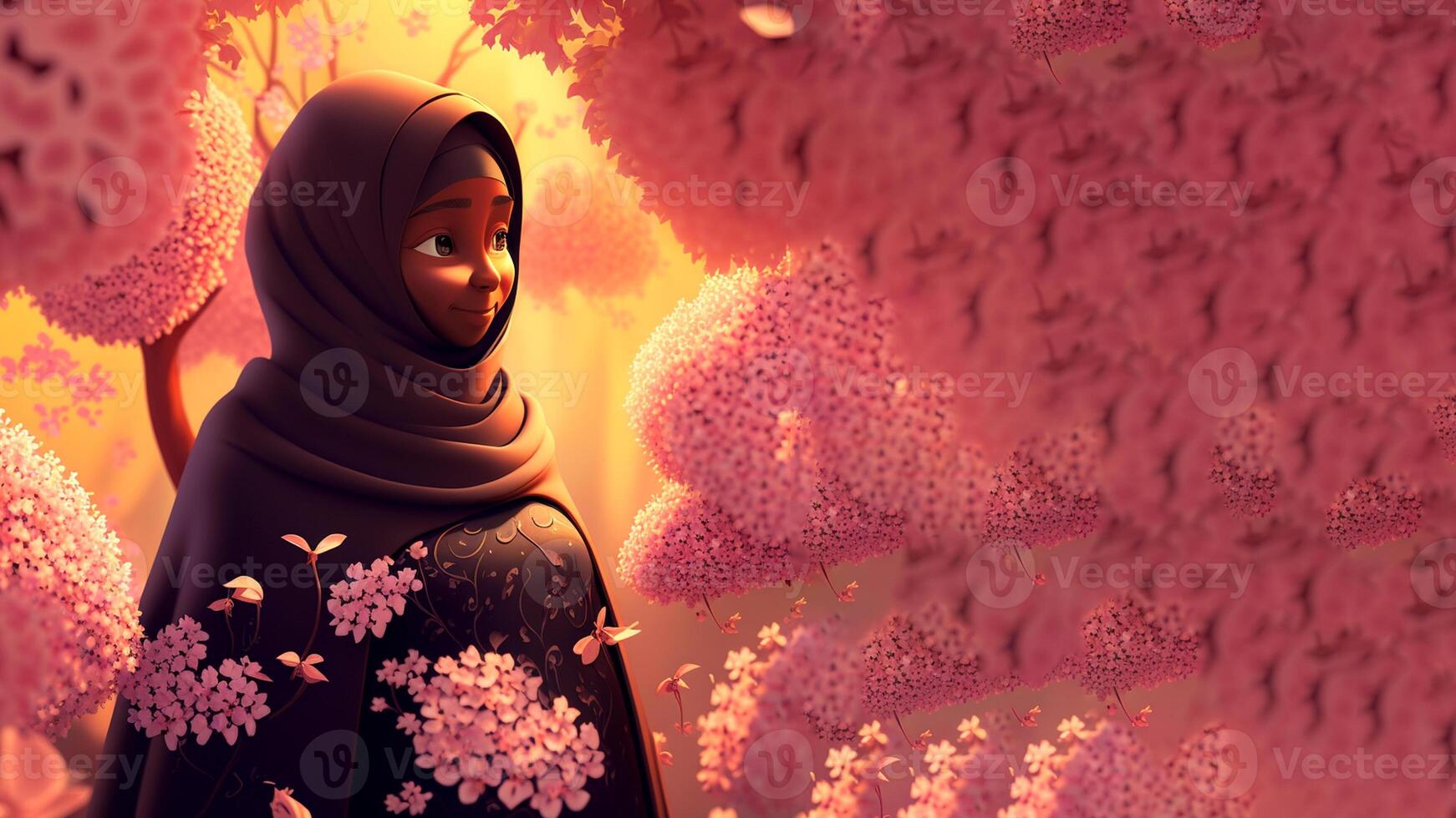 Mother in hijab, An intimate realistic illustration showing a pregnant woman and surrounded by beautiful flowers, nature, offering an emotion of peace and connection. photo