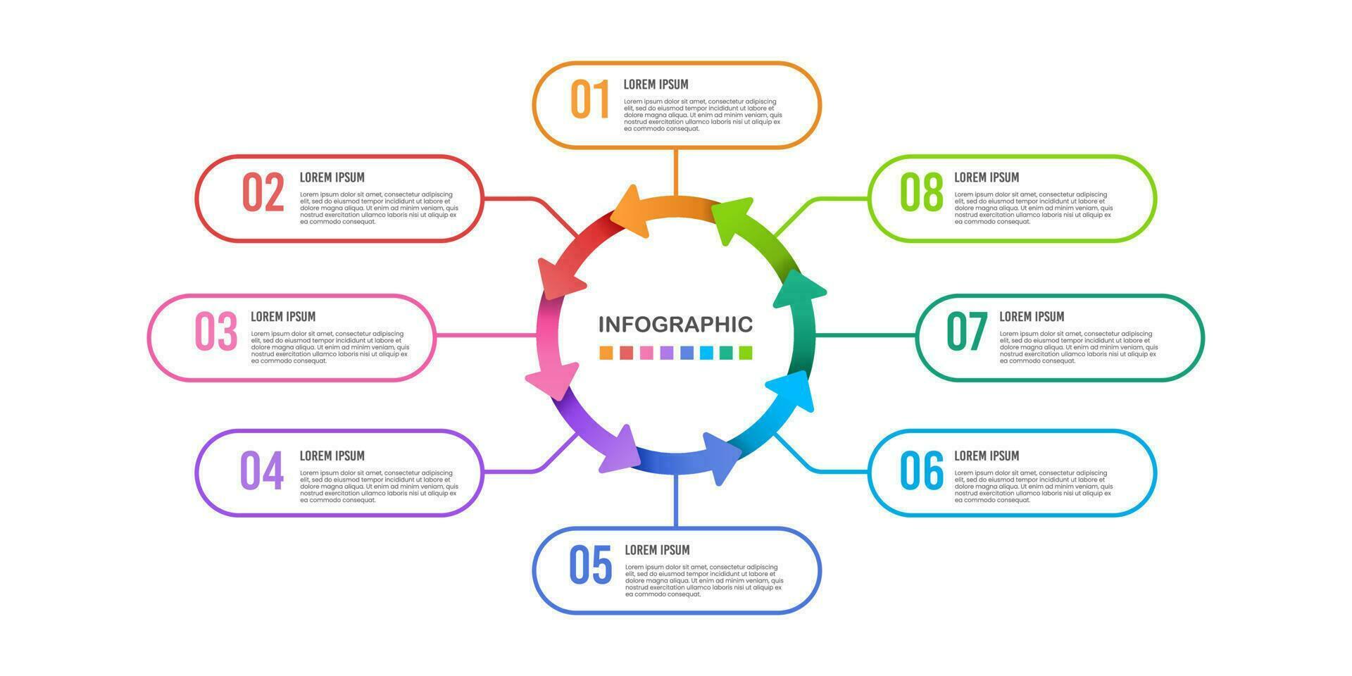 Infographic cycle 8 steps with arrows. Mind Map, Process, Template. Vector illustration.