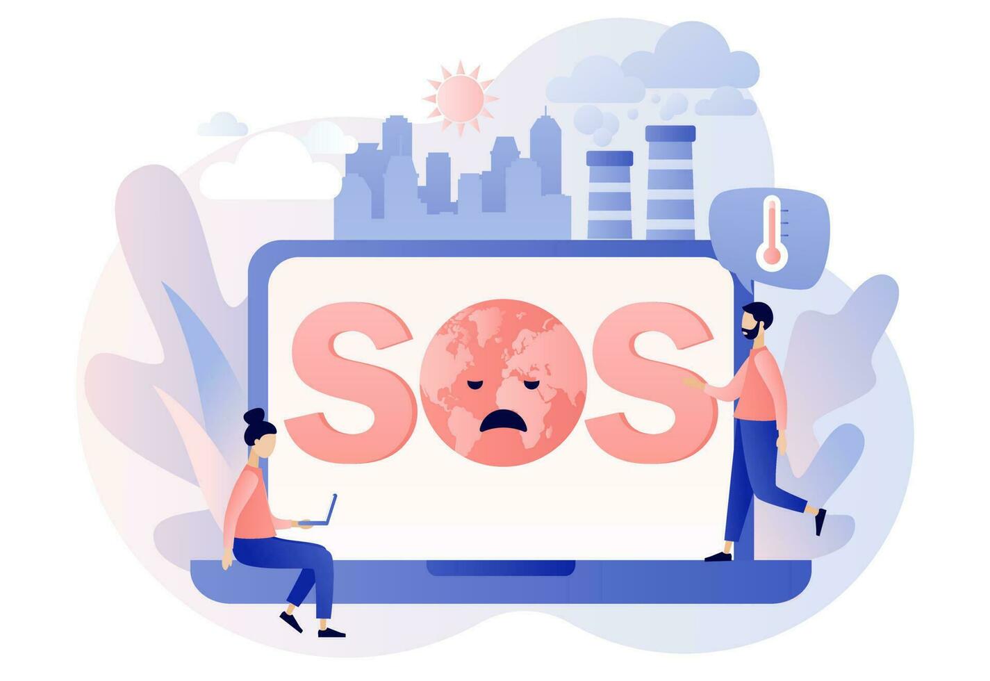 Climate change. Global warming concept. SOS - text on laptop screen. Tiny people trying save planet Earth. World Environment day. Ecology hazards, air pollution. Modern flat cartoon style. Vector