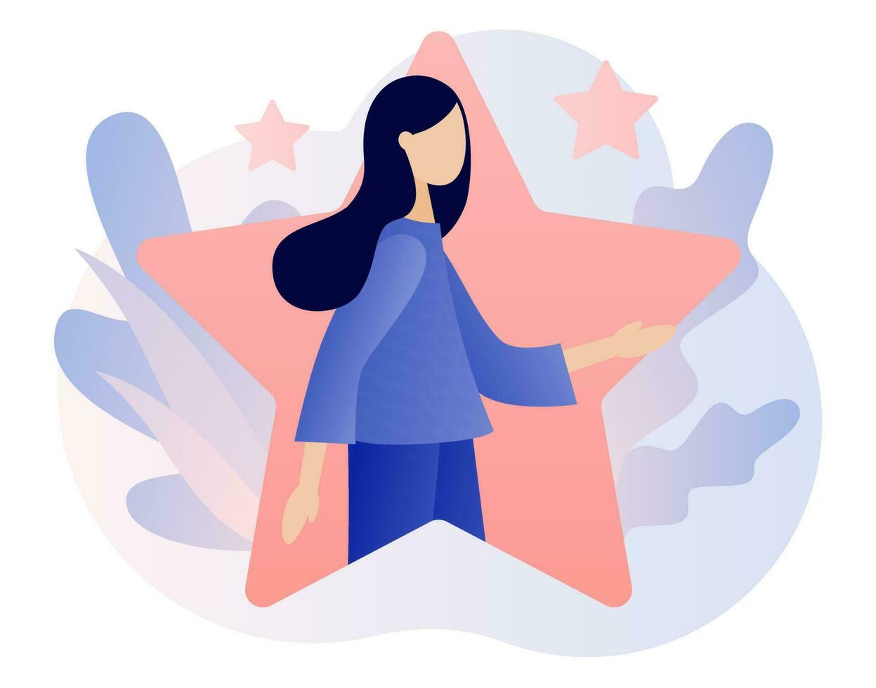 Talent concept. Talented tiny woman in big star. Super star. Open your potential. Modern flat cartoon style. Vector illustration on white background