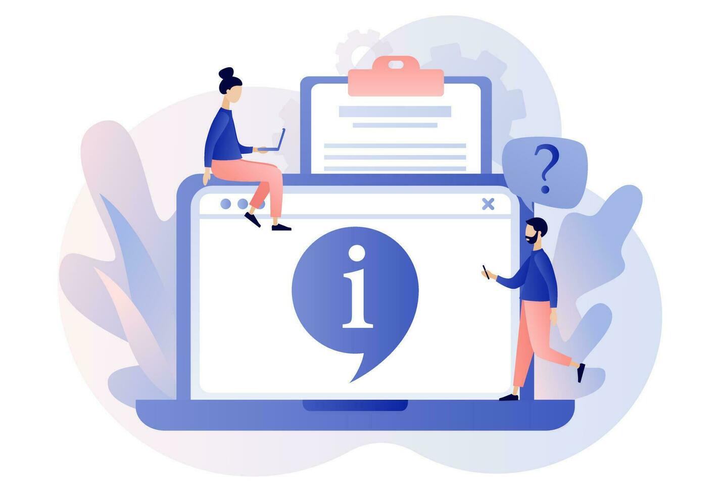 Info symbol on laptop web site. Information center online. Customer support, useful information, guides, frequently asked questions. Modern flat cartoon style. Vector illustration on white background
