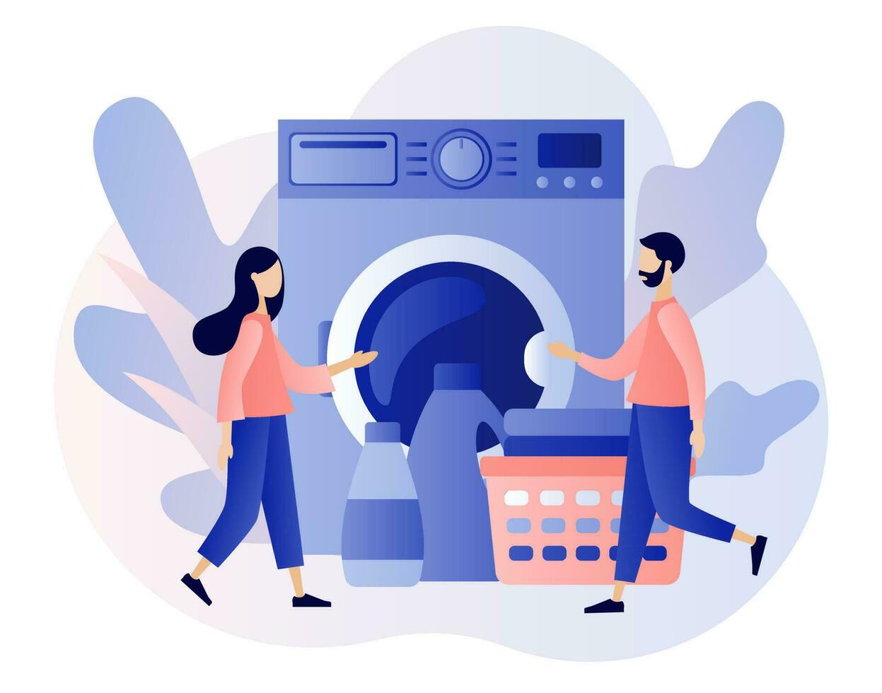 Laundry service. Laundromat, home appliance, housekeeping concept. Tiny people laundry in washing machine. Modern flat cartoon style. Vector illustration on white background