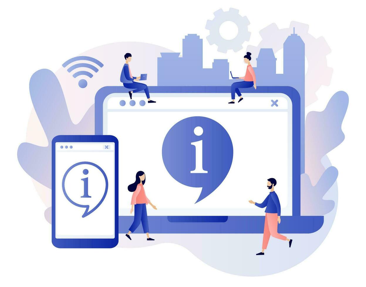 informacion símbolo en teléfono inteligente aplicación y ordenador portátil web sitio. información centrar en línea. cliente apoyo, útil información, guías, frecuentemente preguntó preguntas. moderno plano dibujos animados estilo. vector ilustración