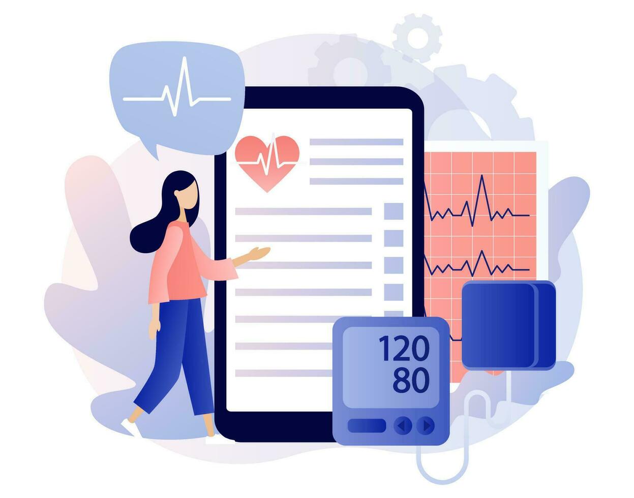 Cardiology treatment and checkup. Medical card patient online. Heart health and disease concept. Blood pressure, pulse rate and cholesterol. Modern flat cartoon style. Vector illustration