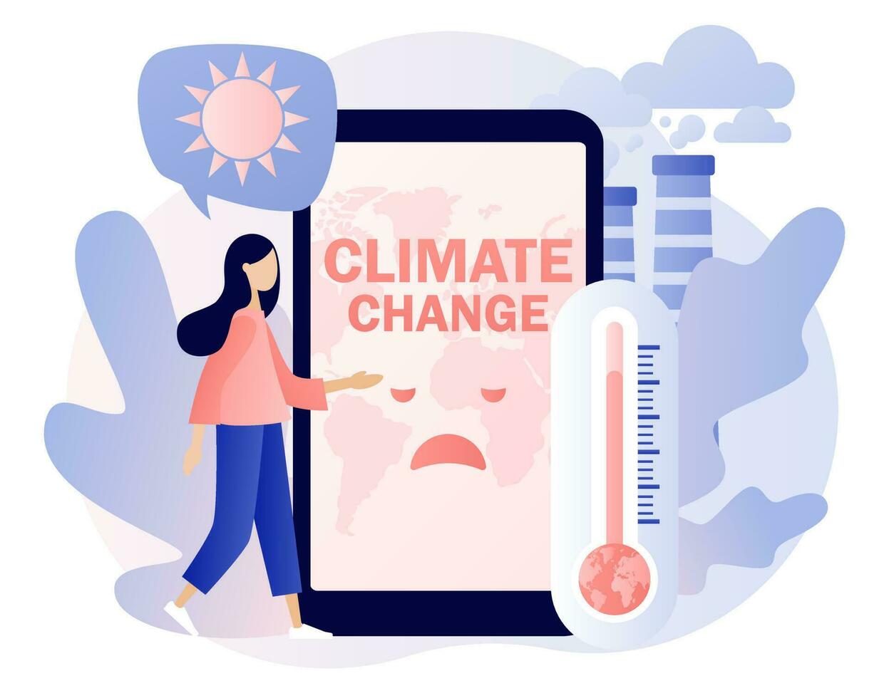 clima cambio - texto en teléfono inteligente pantalla. global calentamiento concepto. minúsculo personas molesto salvar planeta tierra. mundo ambiente día. ecología peligros, aire contaminación. moderno plano dibujos animados estilo. vector