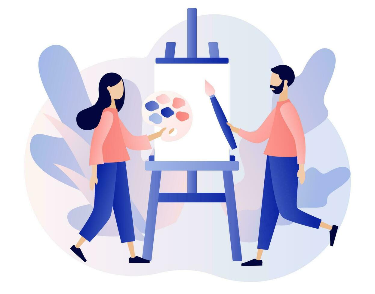 Artist. Art school or studio. Tiny people artists with canvas on easel, pallete and brushes. Art workshop. Create picture. Modern flat cartoon style. Vector illustration on white background