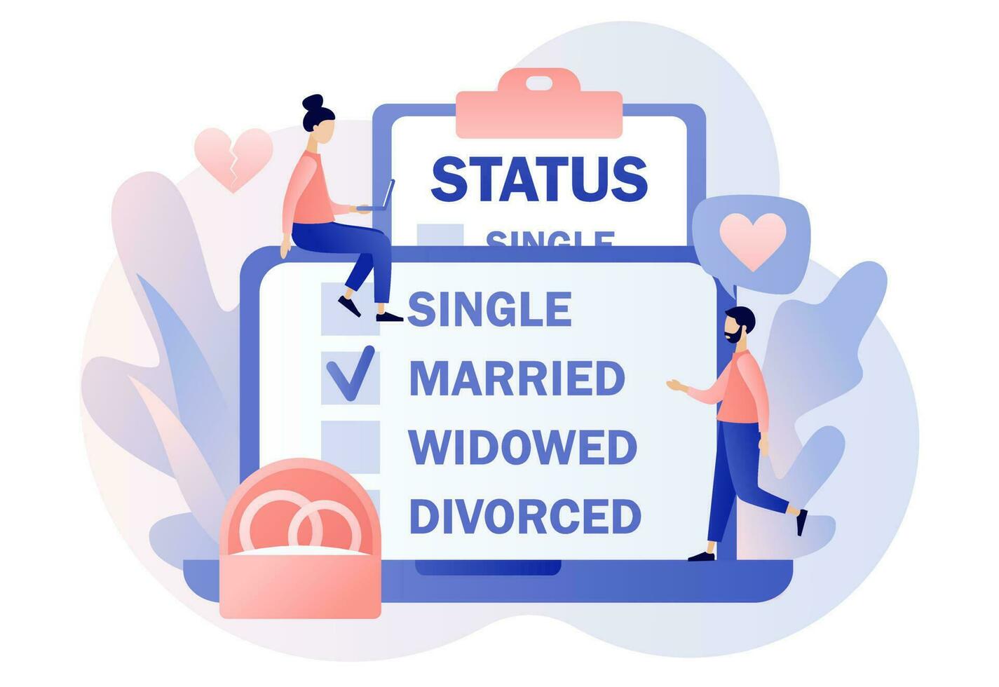 Marital status. Online checkbox list with single, married, widowed and divorced options for tiny people. Legal status change. Relationship concept. Modern flat cartoon style. Vector illustration