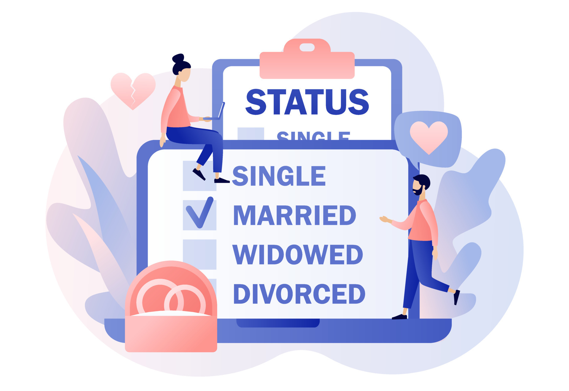 Marital status. Online checkbox list with single, married, widowed and