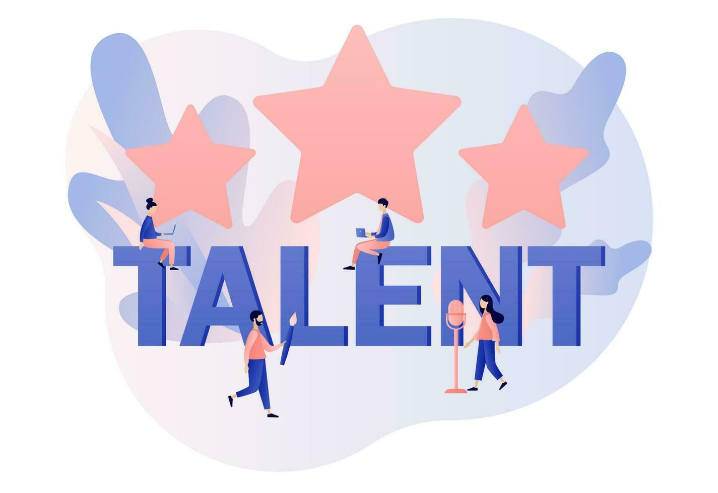 Talent - big text. Talented tiny people. Super stars. Open your potential. Modern flat cartoon style. Vector illustration on white background