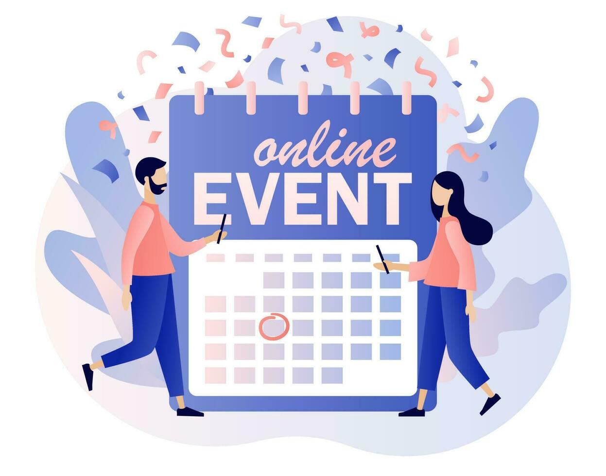 Online events scheduled on the calendar. Corporate party, meeting friends and colleagues. Video conference. Tiny people celebration. Modern flat cartoon style. Vector illustration on white background