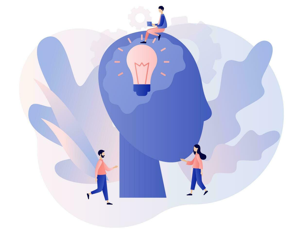 Big idea. Innovative lamp in head. Light bulb. Tiny people inspiration developing new business ideas. Thinking and brainstorm. Modern flat cartoon style. Vector illustration on white background