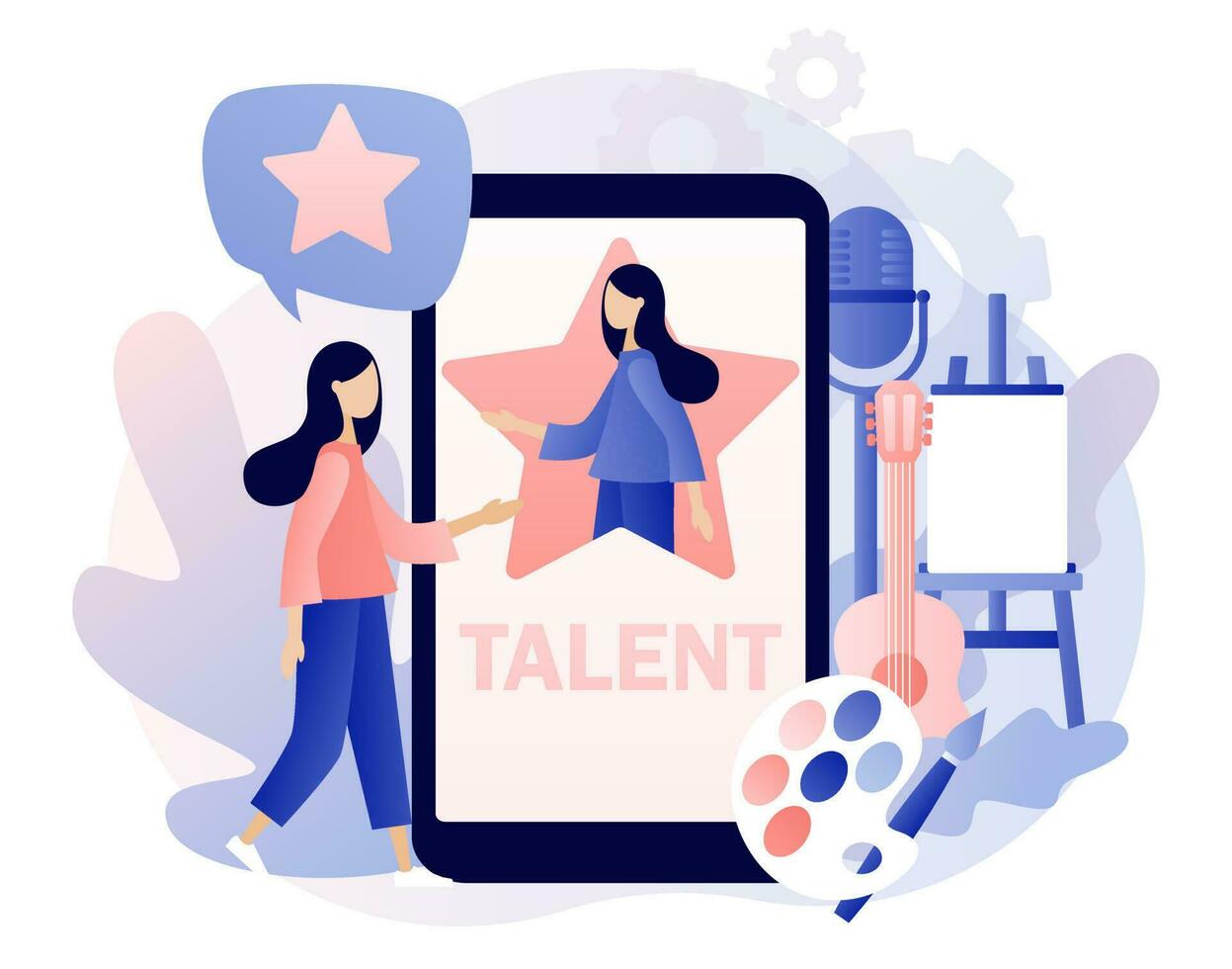 Talent concept. Talented tiny woman in big star on smartphone screen. Super star. Open your potential. Modern flat cartoon style. Vector illustration on white background