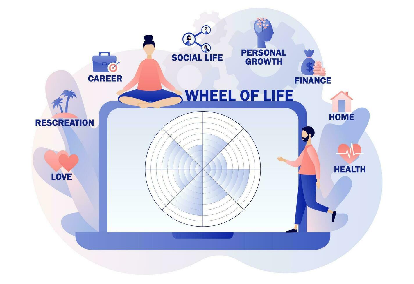 Wheel of life online. Life balance concept. Tiny people use coaching tool in web site. Human needs. Life coaching. Modern flat cartoon style. Vector illustration on white background