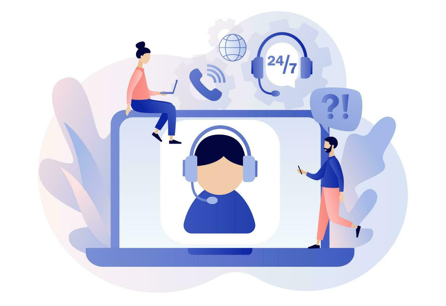 Customer service. Call center. Online support concept. Hotline operator in headset on laptop screen consults client. Modern flat cartoon style. Vector illustration on white background
