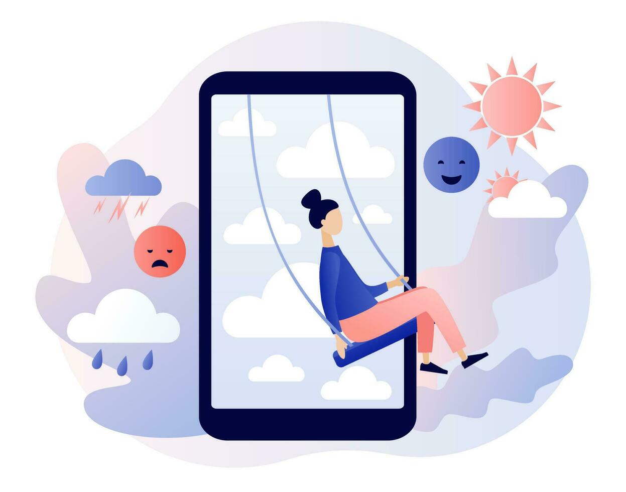 Mood swings. Emotions change in social media. Psychology disorder, mental problem, stress, anxiety and life crisis. Bipolar emotion. Emotional balance. Modern flat cartoon style. Vector illustration