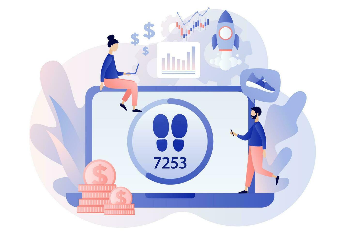 Step counter online. Pedometer, fitness tracker concept. Walking to earn money mobile app. Digital sneaker. Crypto currency coin. Modern flat cartoon style. Vector illustration on white background
