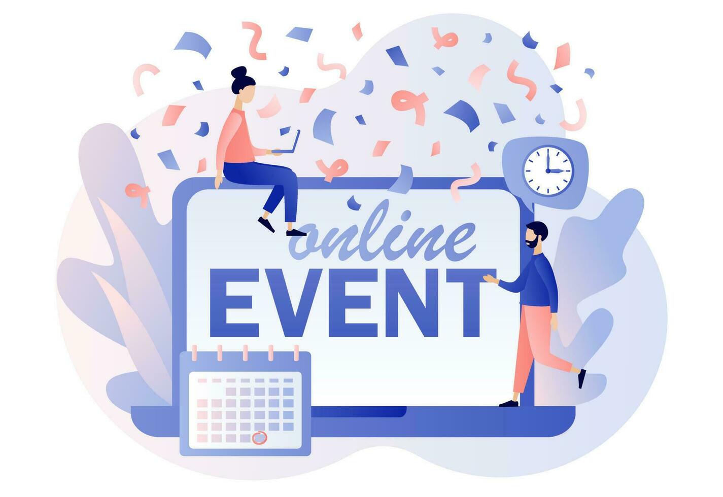 Online events - text on laptop screen. Corporate party, meeting friends and colleagues. Video conference. Tiny people celebration. Modern flat cartoon style. Vector illustration on white background