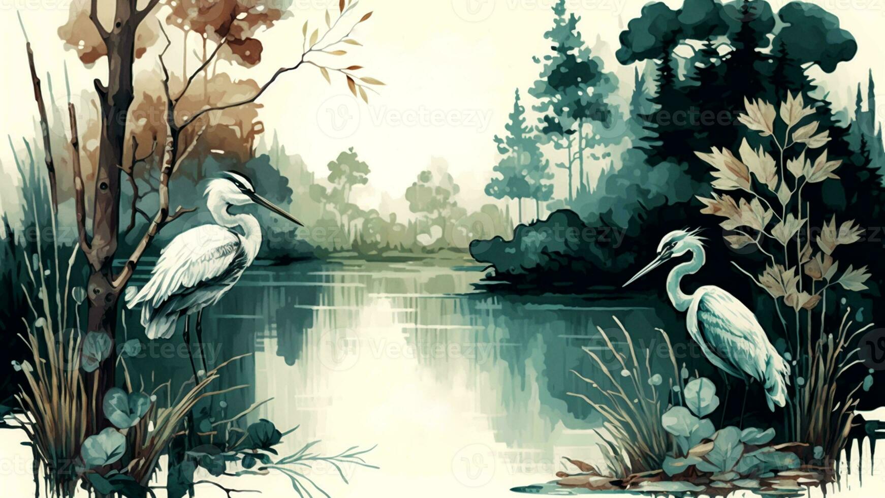 Water Color Wallpaper of Forest Landscape with Lake, Plants, Trees. AI-Generated photo