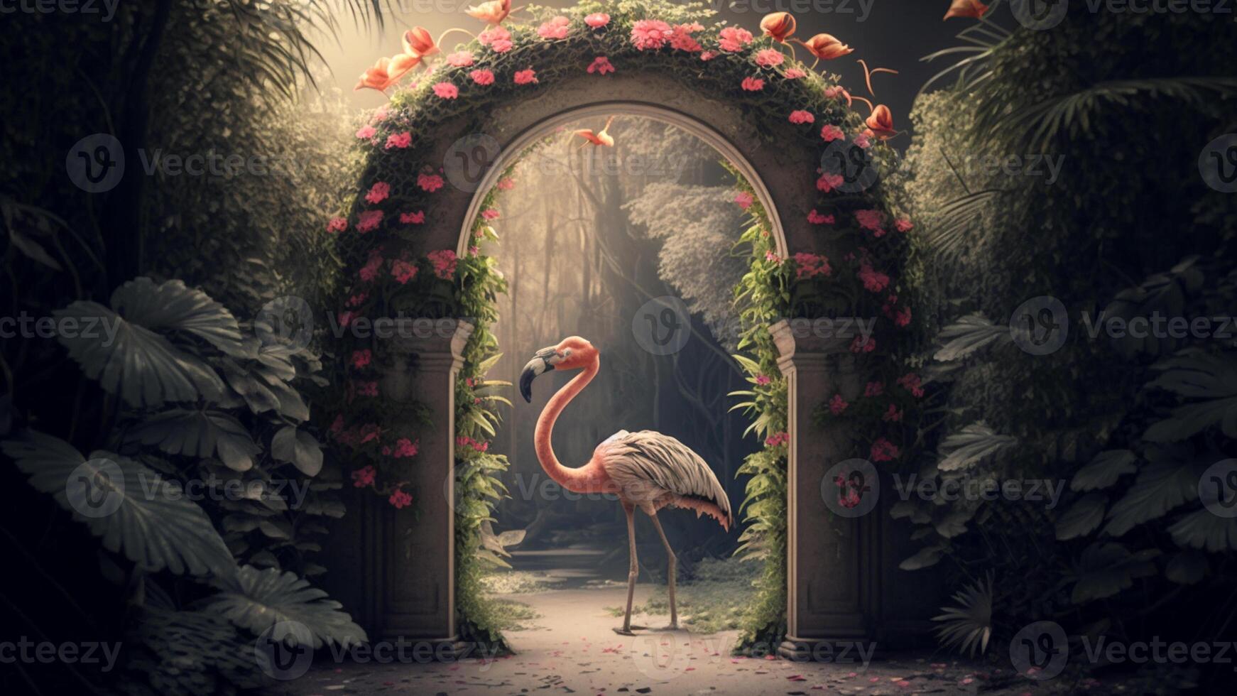 Flamingo beautifully captured in a colorful, floral-filled portrait, . photo