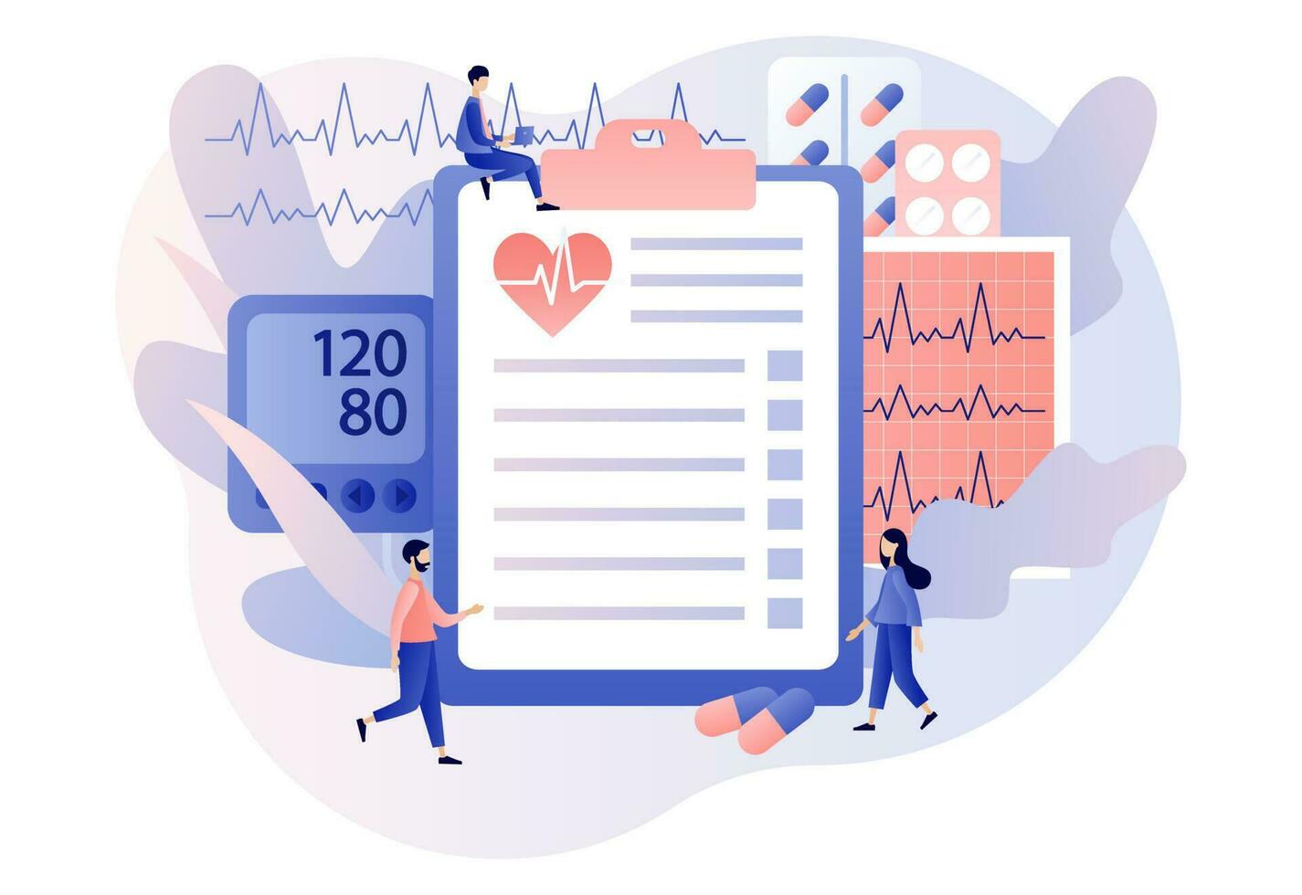 Cardiology treatment and checkup. Medical concept. Heart health and disease. Blood pressure, pulse rate and cholesterol. Modern flat cartoon style. Vector illustration on white background