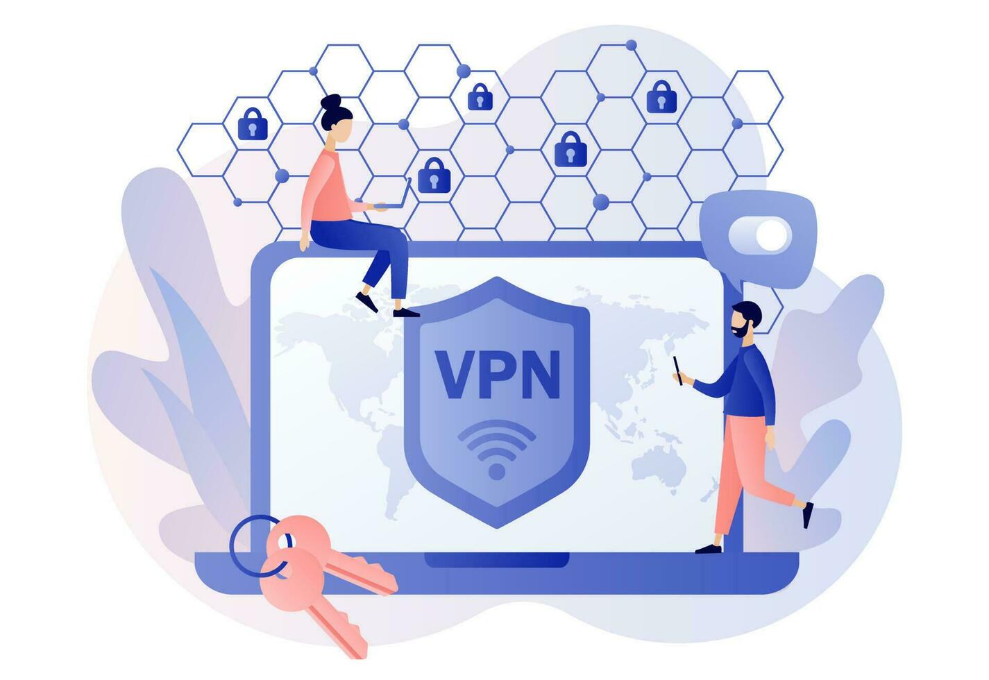 VPN service on laptop. Virtual Private Network concept. Cyber security, secure web traffic, data protection, remote servers. Modern flat cartoon style. Vector illustration on white background