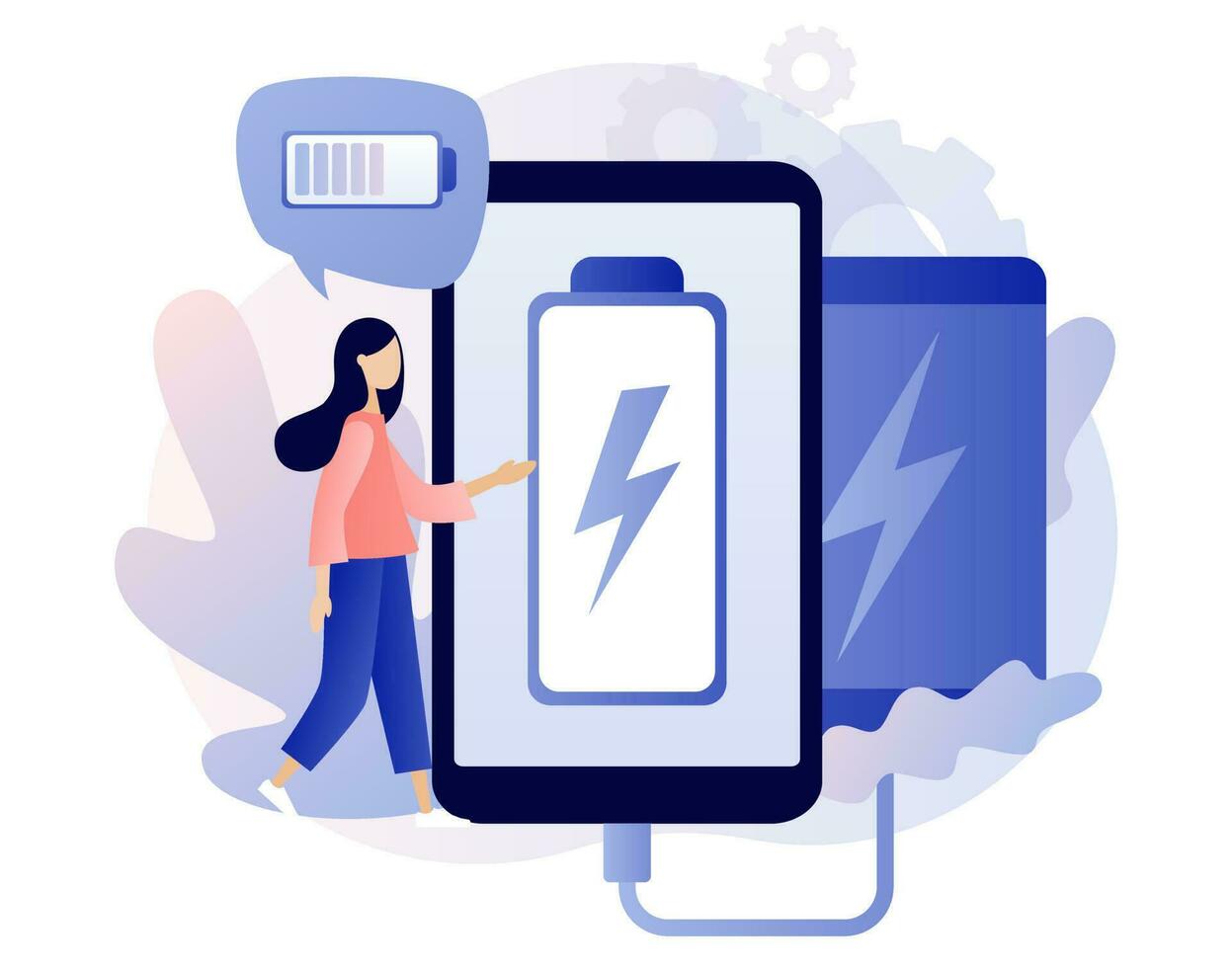 Banco de energía concepto. teléfono inteligente cableado cargando portátil cargar. dispositivo, inteligente digital tecnologías y accesorios. moderno plano dibujos animados estilo. vector ilustración en blanco antecedentes