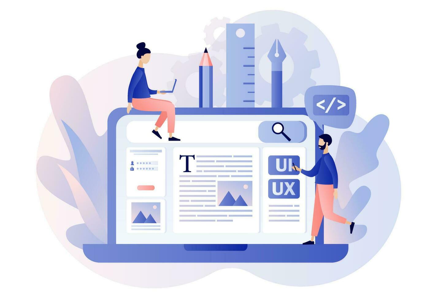 Web UI-UX design. Mobile app development online, application design, coding, web building concept. Modern flat cartoon style. Vector illustration on white background