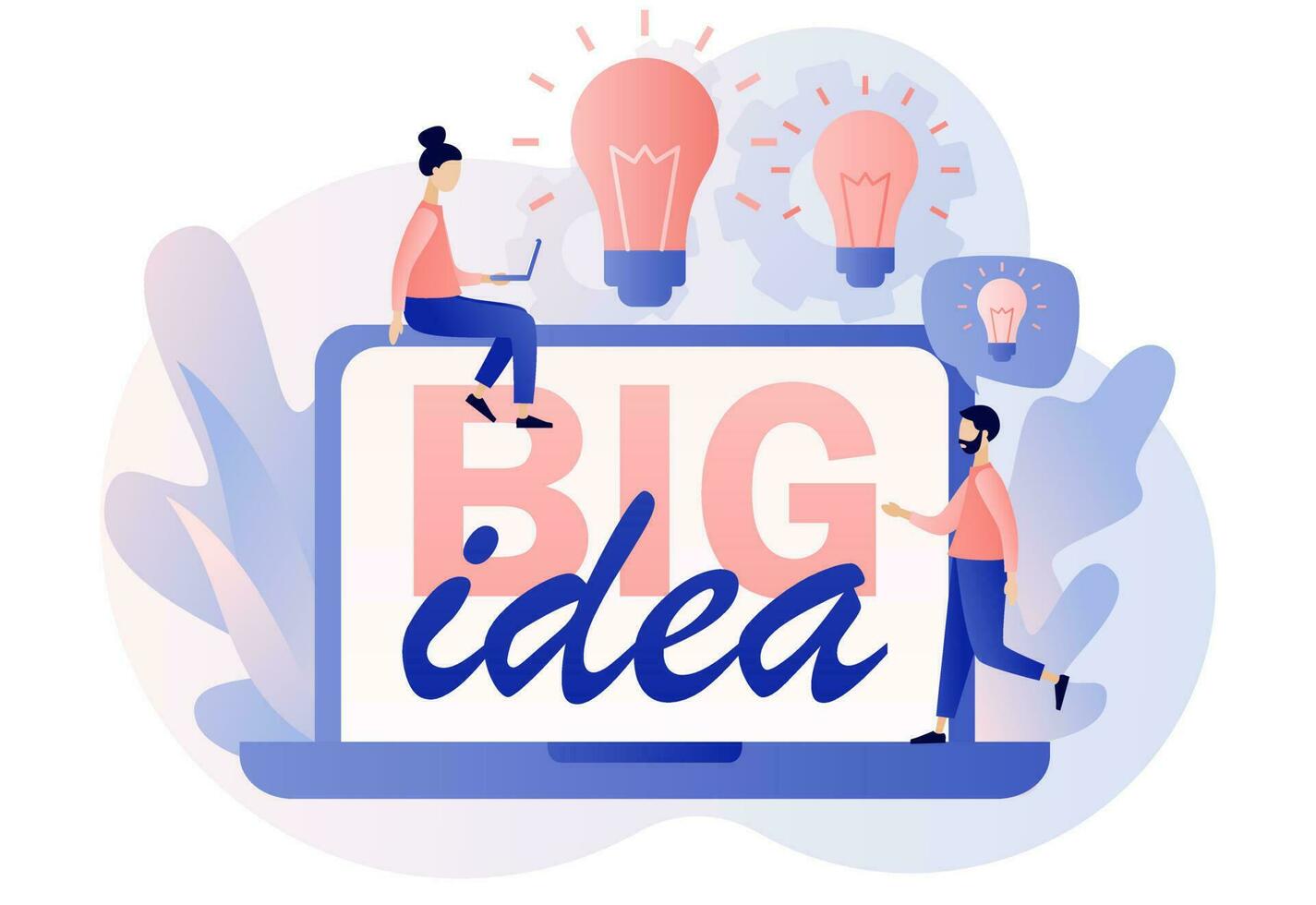 Big idea. Light bulb. Tiny people inspiration developing new business ideas online. Innovative lamp. Thinking and brainstorm. Modern flat cartoon style. Vector illustration on white background