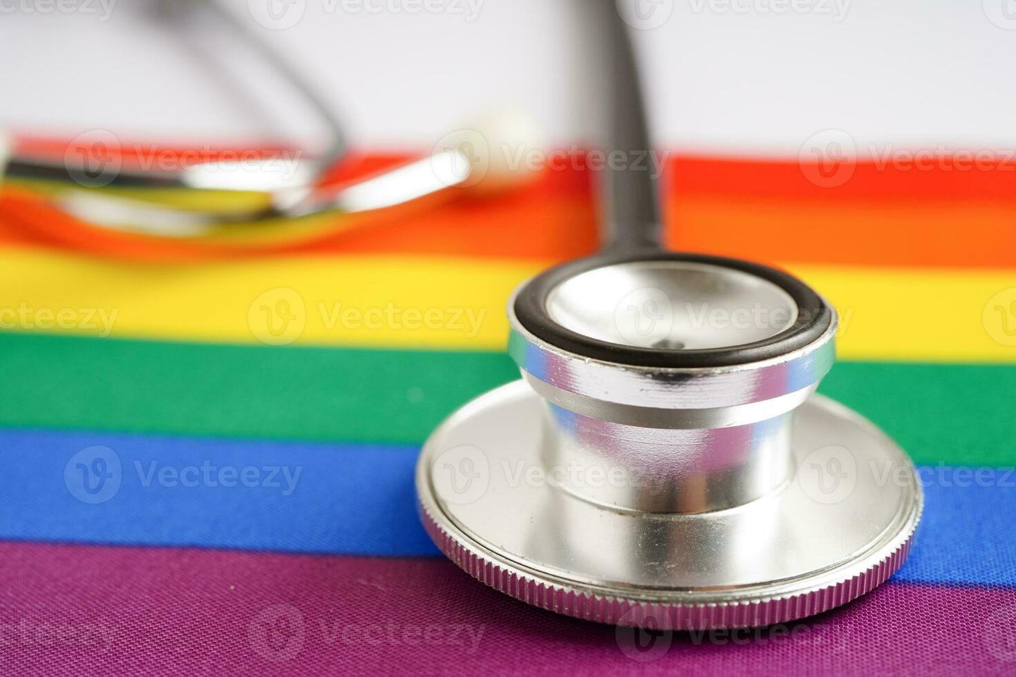 LGBT symbol, Stethoscope with rainbow ribbon, rights and gender equality, LGBT Pride Month in June. photo
