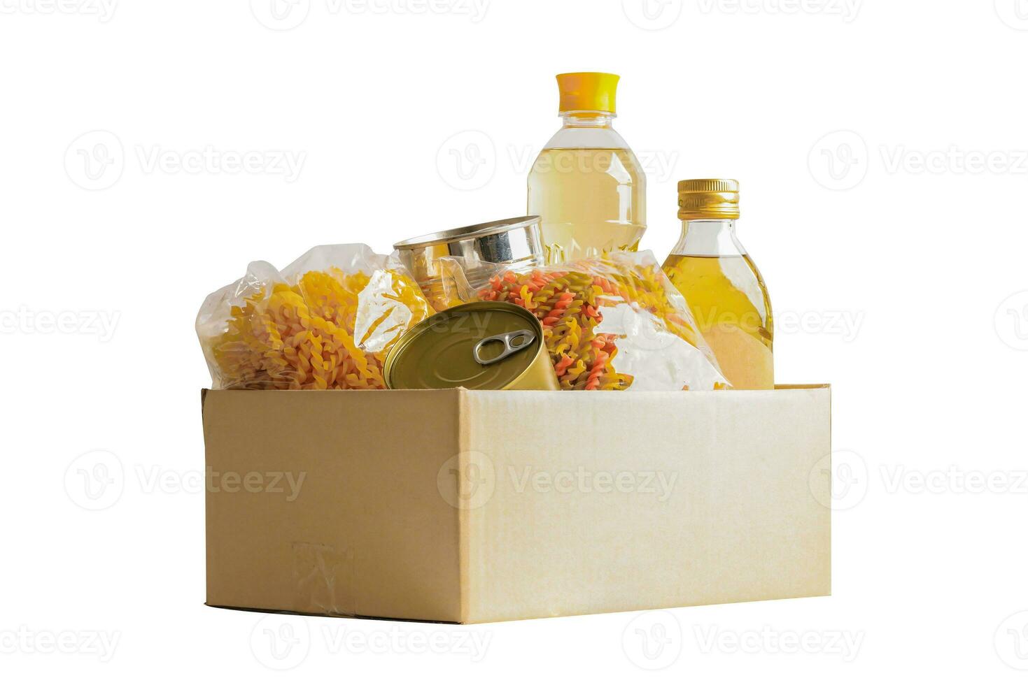 Foodstuffs in donation box isolated on white background with clipping path for volunteer to help people. photo