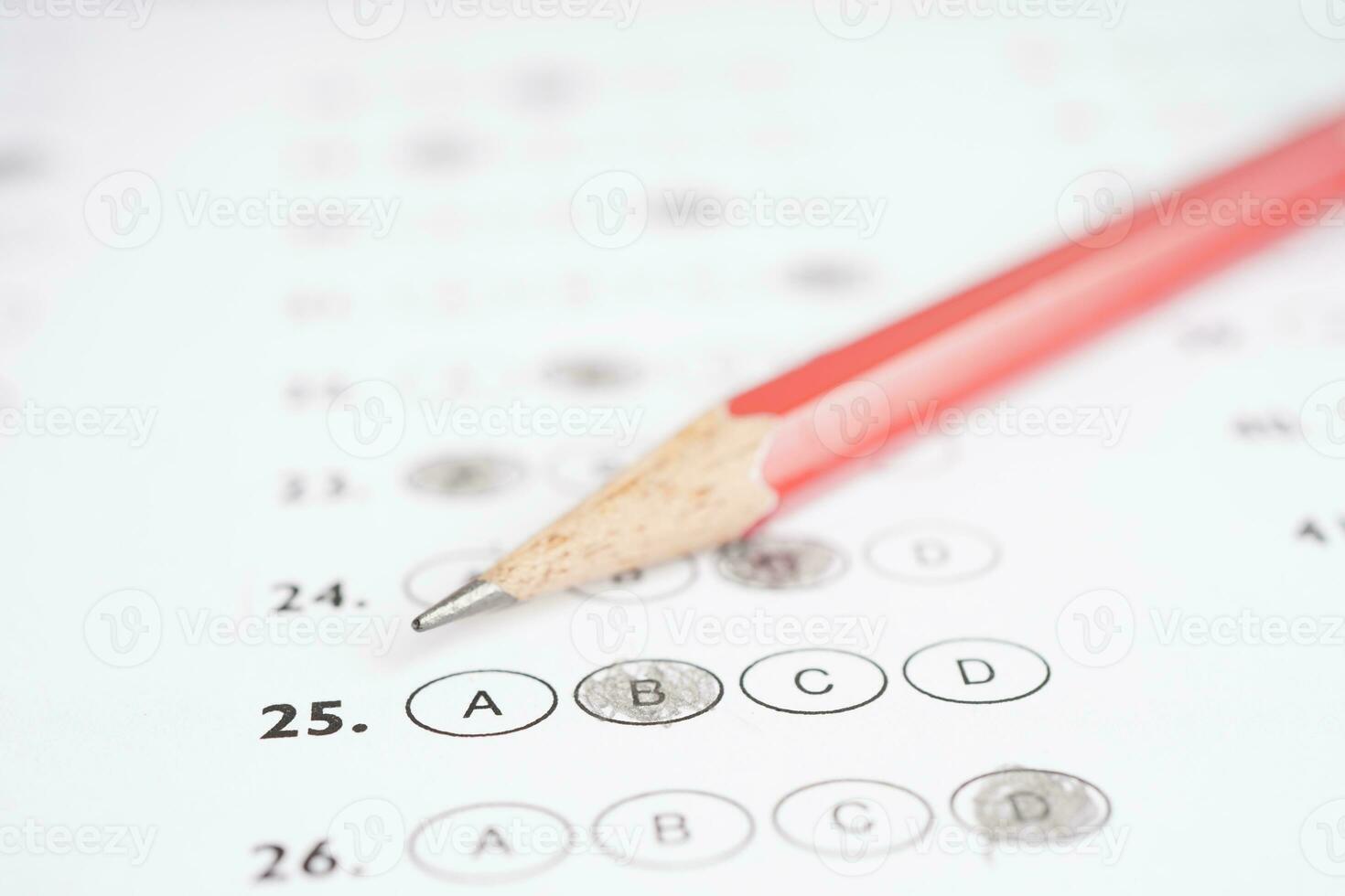 Answer sheets with pencil drawing fill to select choice, education concept. photo