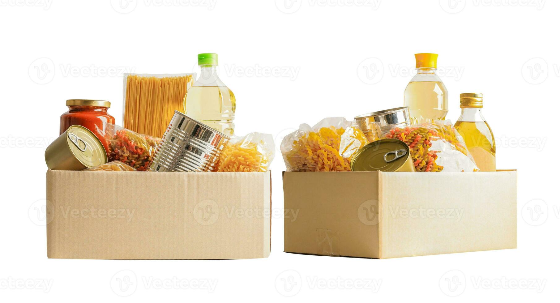 Foodstuffs in donation box isolated on white background with clipping path for volunteer to help people. photo