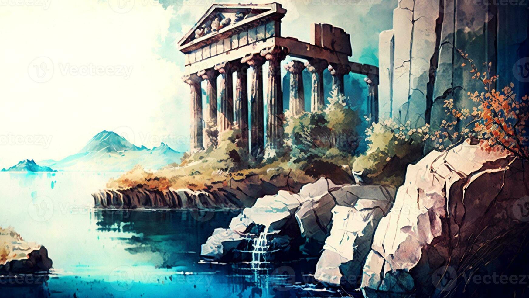 Vintage Watercolor Landscape, The Ruins of An Ancient Roman Civilization with Birds of the Marine Environment, by the Sea. Color Oil Painting, AI-Generated, Digital Illustration. photo