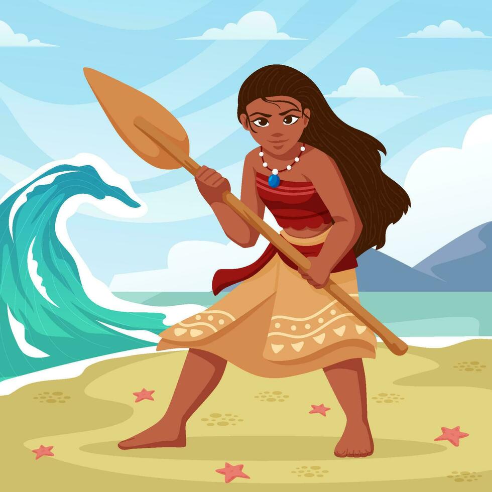 Hawaiian Girl at the Beach Holding Her Paddle vector