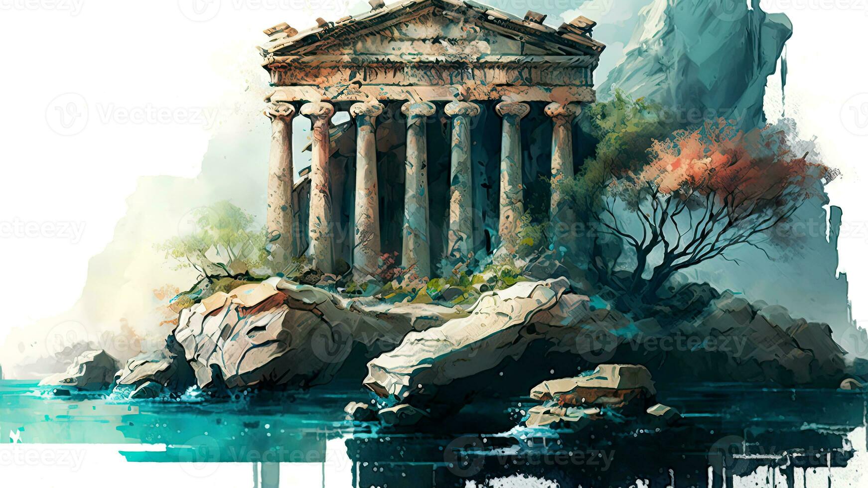 Vintage Watercolor Landscape, The Ruins of An Ancient Roman Civilization with Birds of the Marine Environment, by the Sea. Color Oil Painting, AI-Generated, Digital Illustration. photo