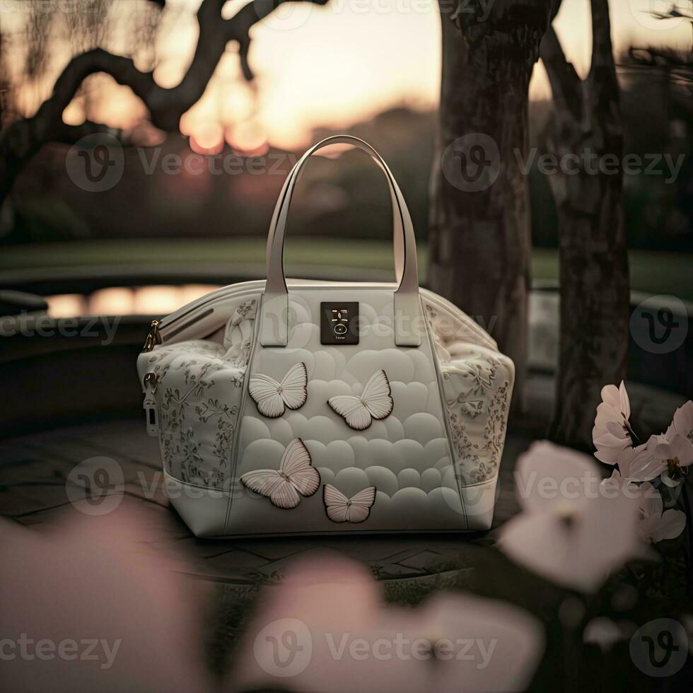 Luxury women white tote bag, flowers and butterflies design, beautiful zen garden. Sunset time. photo