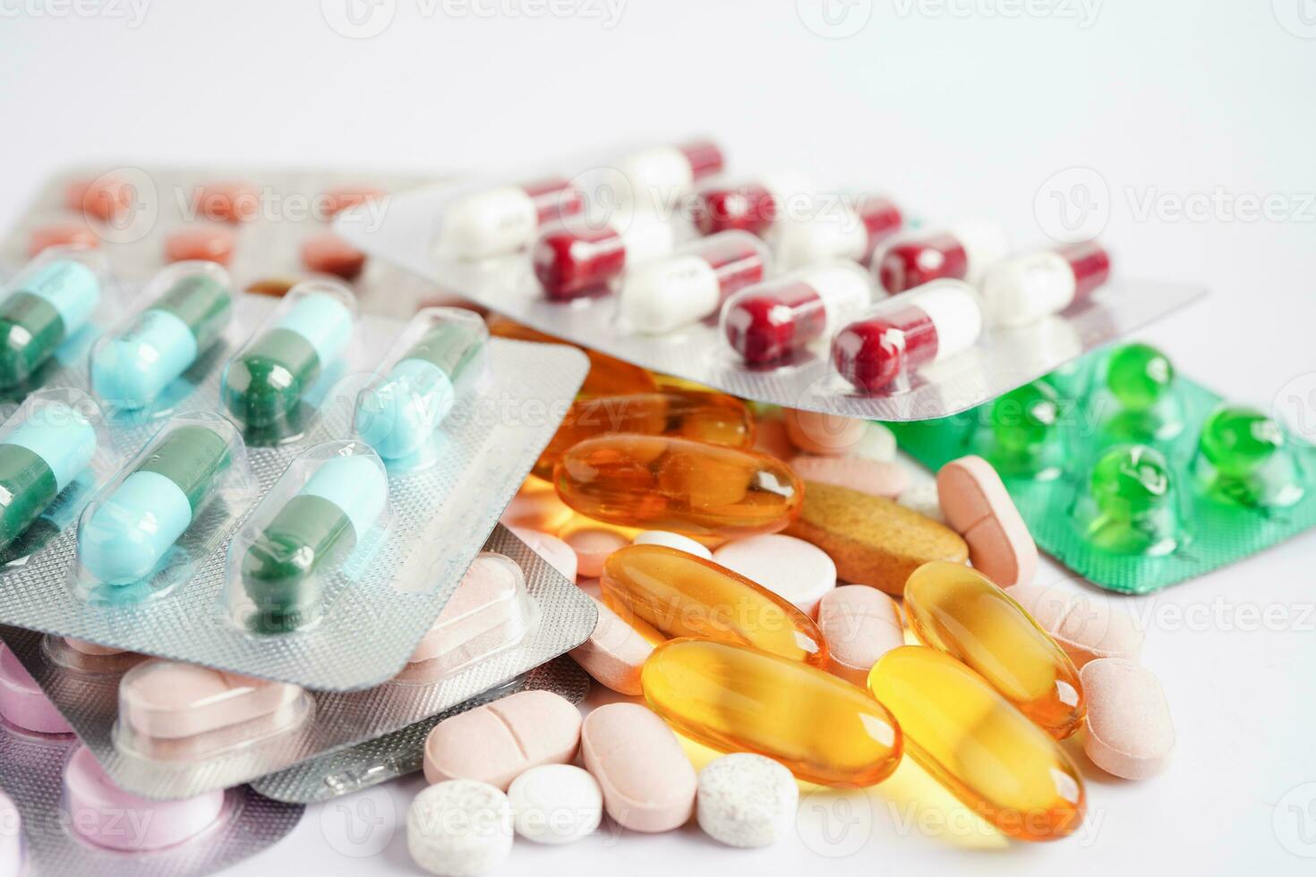 Drug capsule pill from drug prescription in drugstore, pharmacy for treatment health medicine. photo