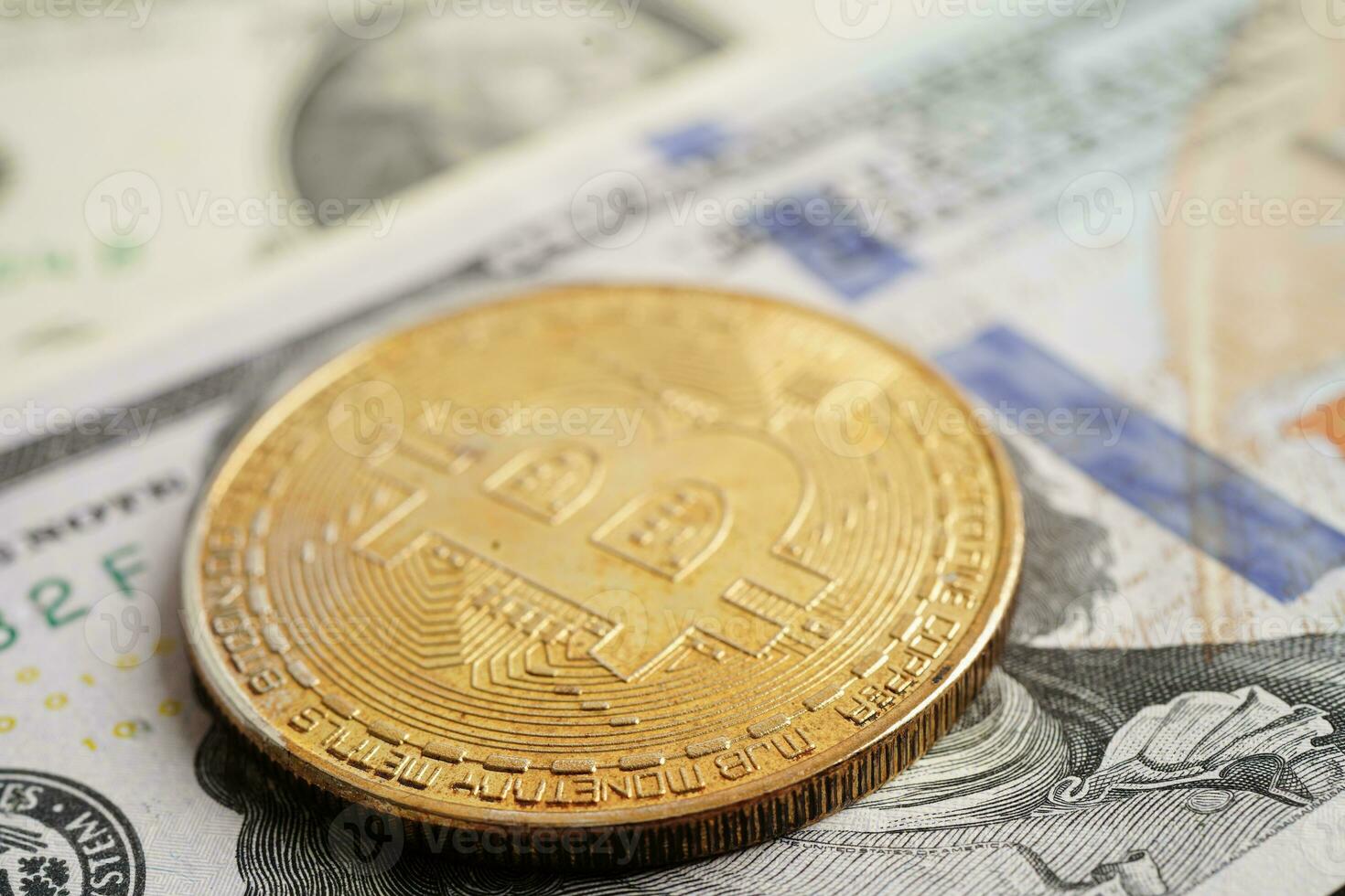 Golden bitcoin on US dollar banknotes money for business and commercial, Digital currency, Virtual cryptocurrency, blockchain technology. photo