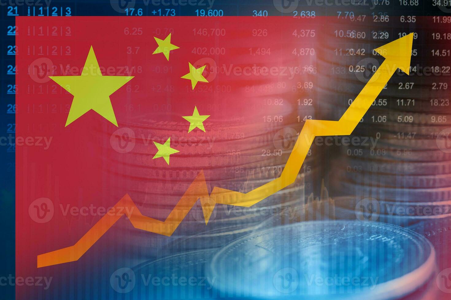 China flag with stock market finance, economy trend graph digital technology. photo