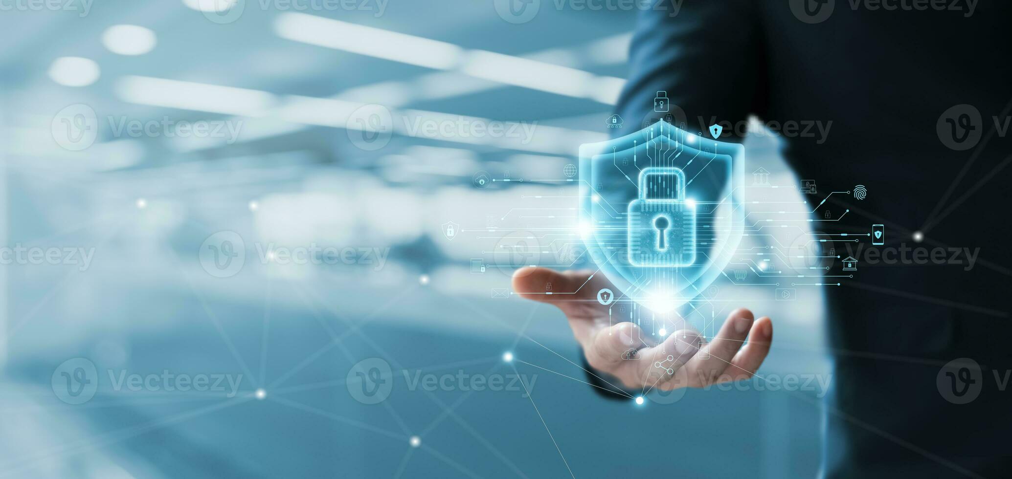 Cyber security and network data protection, businessman holding internet network security padlock, encryption security of personal data of users, smart protection against digital attacks. photo