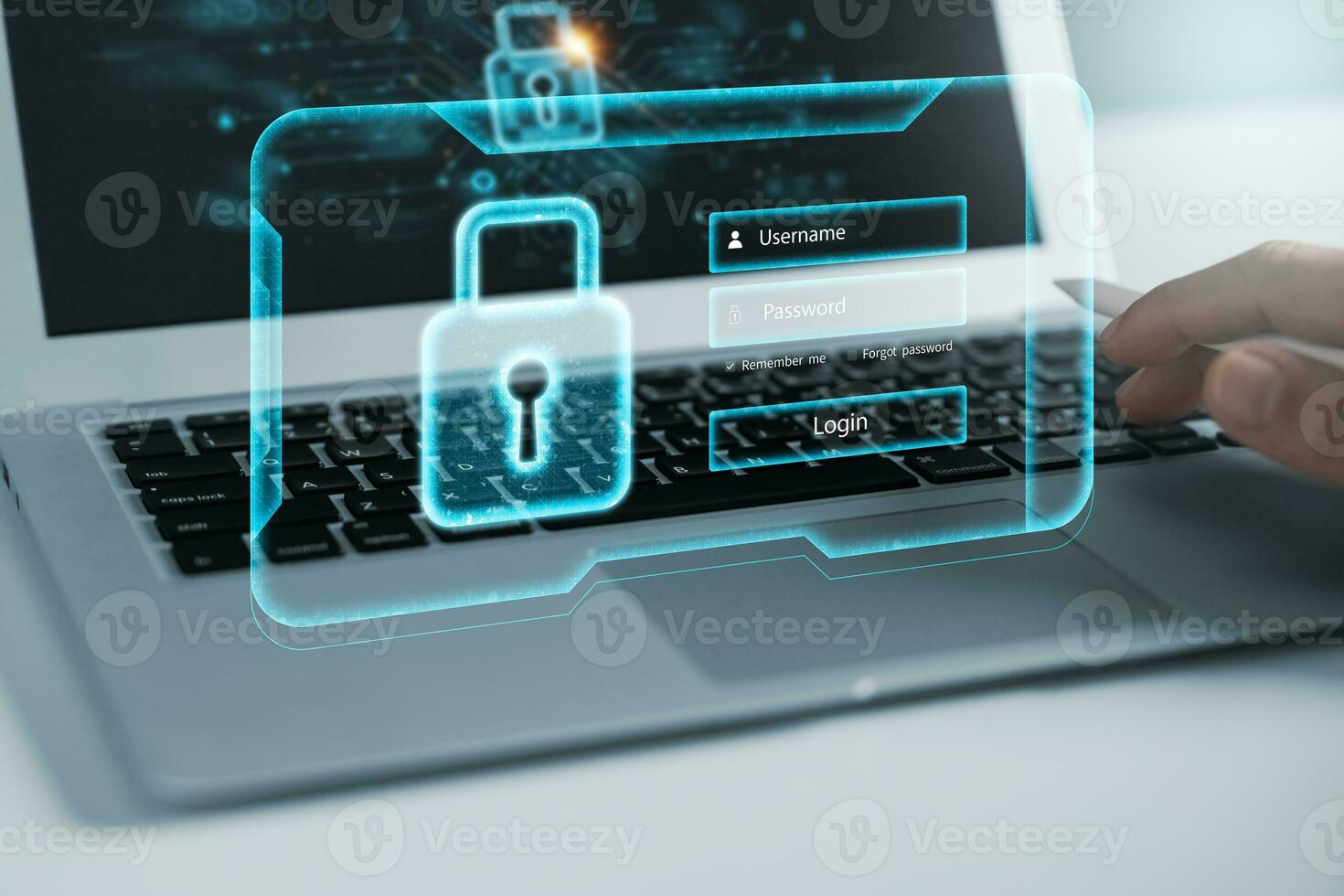 Cyber security and data protection, businessman using laptop Internet network security system, protecting business and financial transaction data from cyber-attacks, secure data encryption. photo