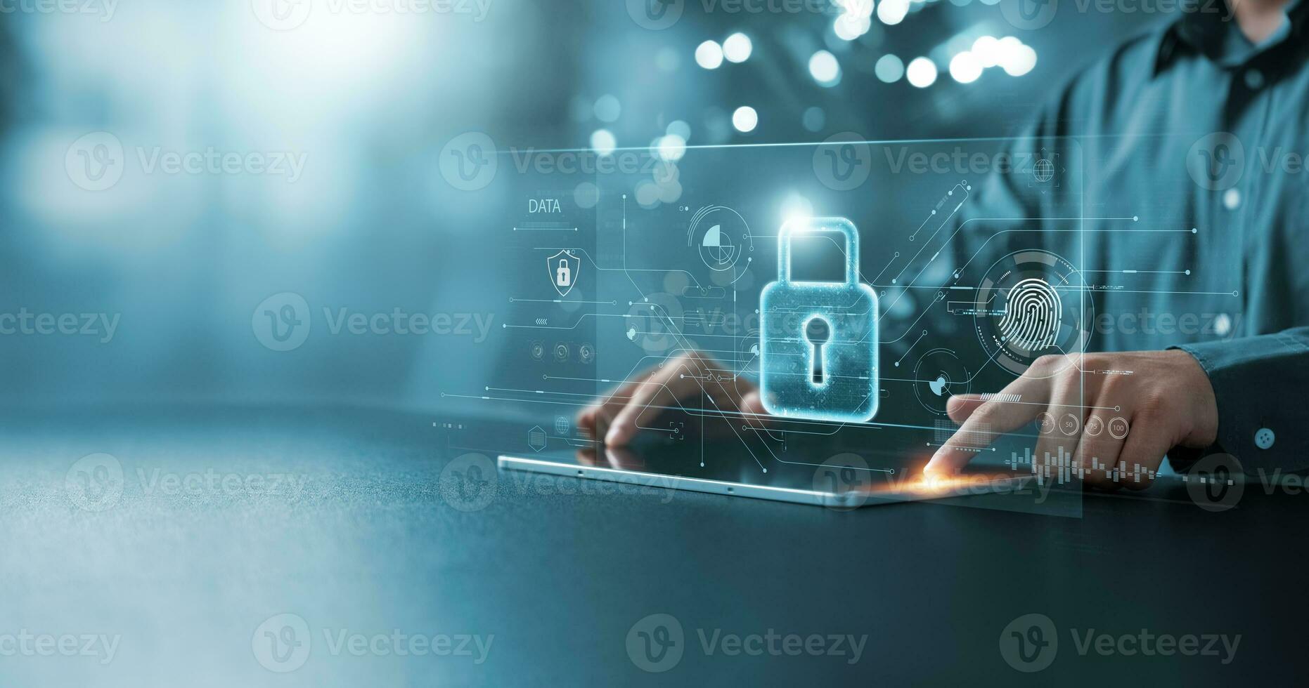 Cyber security and data protection, businessman using laptop internet network security, protect business and financial transaction data from cyber attack, user private data security encryption. photo